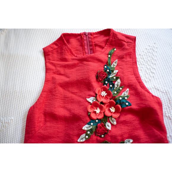Vintage Mod Mini Dress Barkcloth 70s Sleeveless Red Floral Applique XS Party - Picture 2 of 10